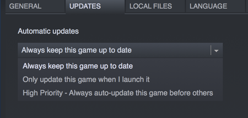 Steam auto-update options: 1) keep this game up to date, 2) keep this game up to date when I start it, 3) keep this game up to date with high priority