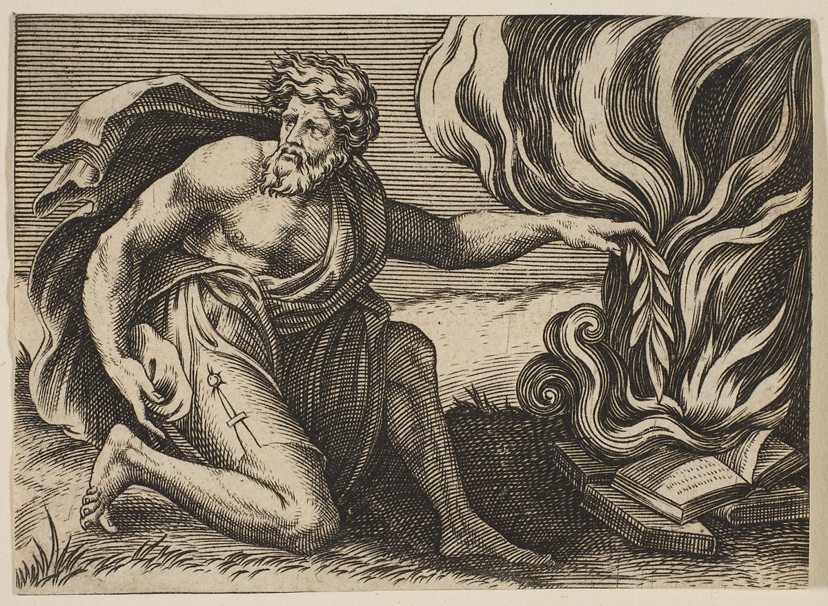 A man kneeling and placing a laurel branch upon a pile of burning books